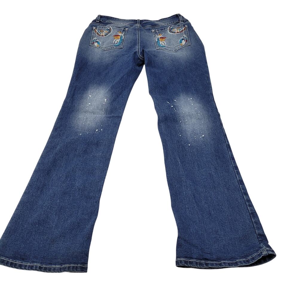 Flamingals embroidered western bootcut jeans paint splatter stretch XL